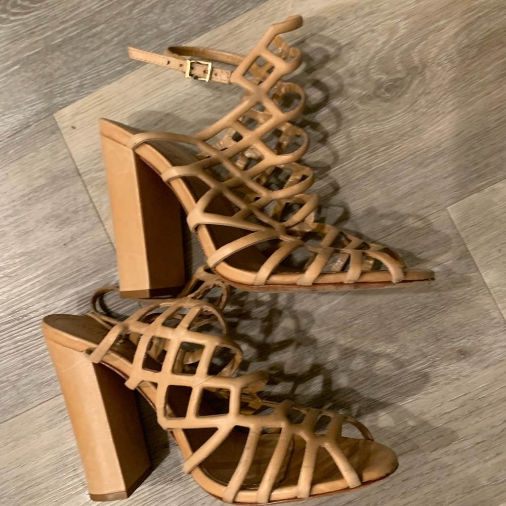 Schutz Jaden Caged Leather Chunky Block Heel Sandals in Tan Camel color Size 7.5 - Picture 3 of 4